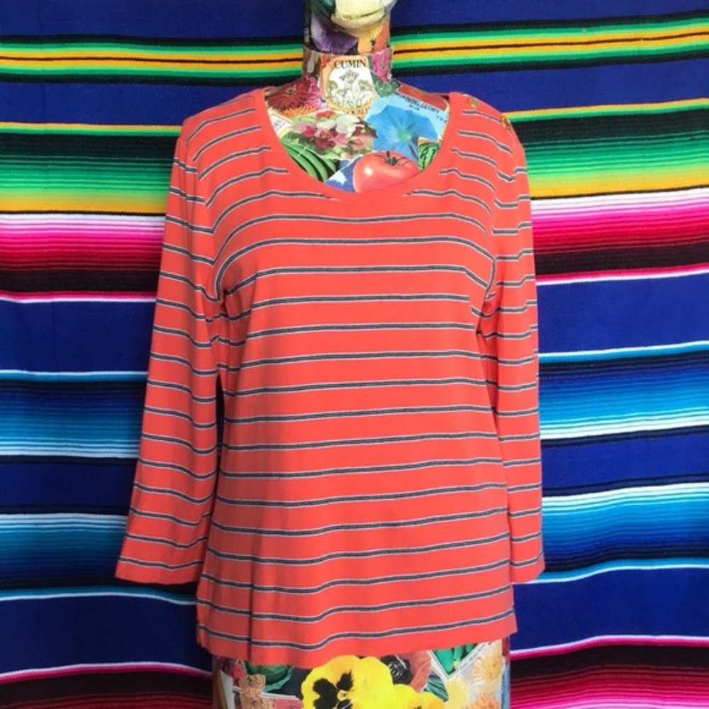 LRL Striped Boatneck Tee w Gold Logo Buttons